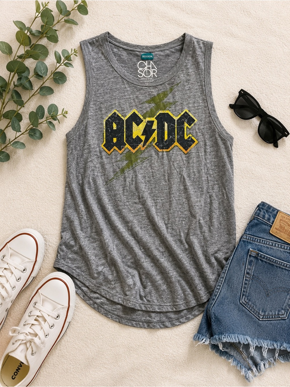 Chaser AC/DC Graphic Muscle Tank Gray Sleeveless Rock Band Tee Kids Size 12